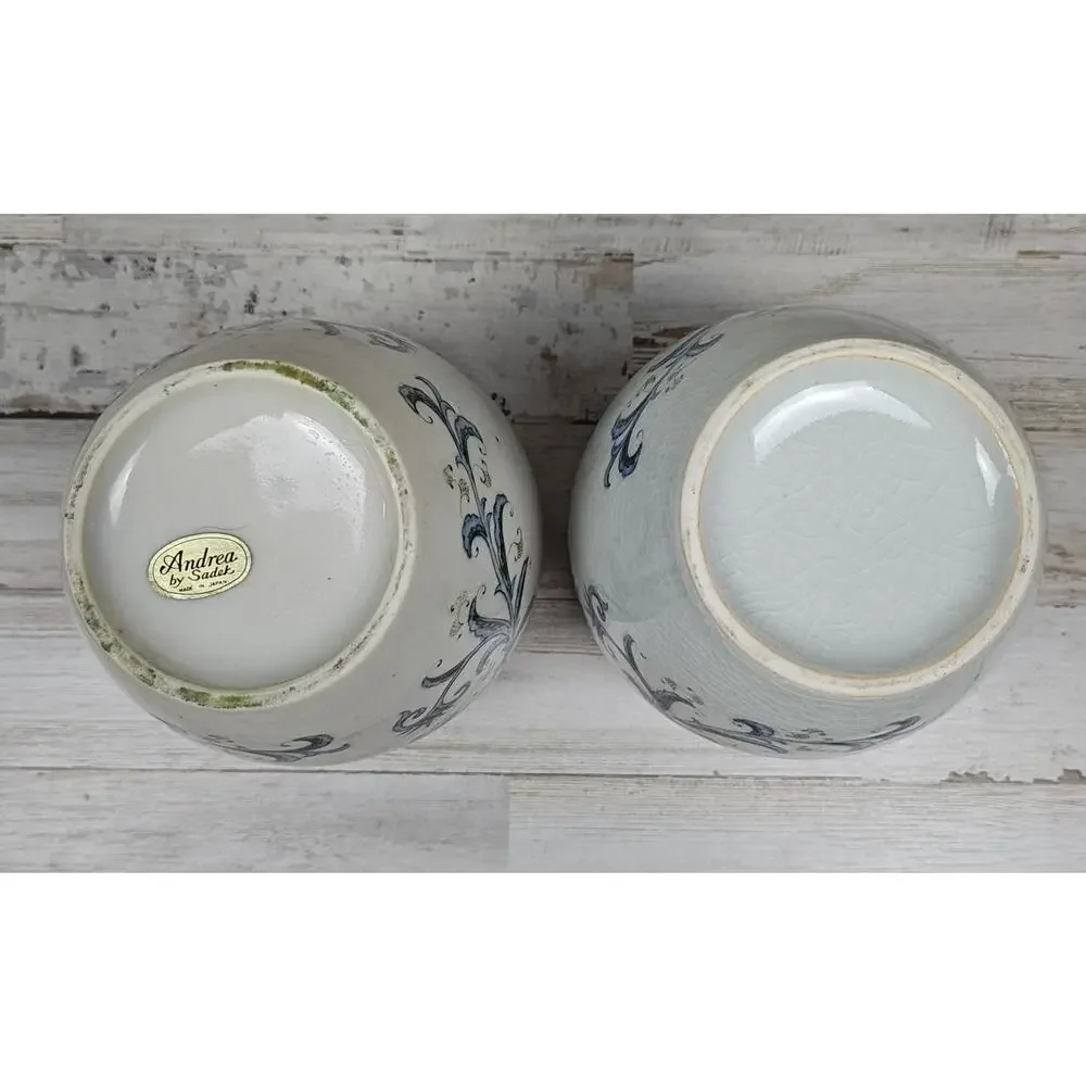 Andrea by Sadek Blue Floral Ginger Jar Vases Pair Japan White Porcelain No Lids